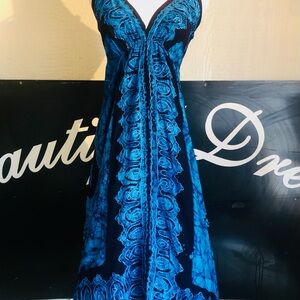 Turquoise Batik Halter Maxi Dress Boho Festival Coachella Handkerchief Hem